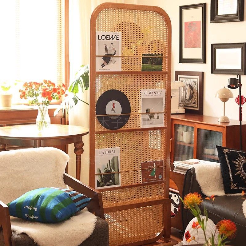 中古风实木玄关入户座屏风隔断客厅沙发边可移动遮挡置物花架屏风