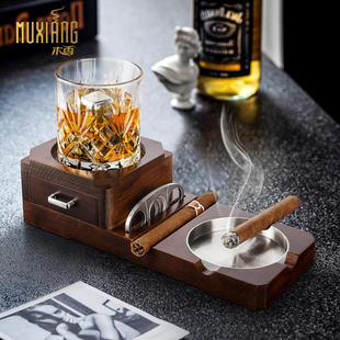 雪茄烟灰缸木质烟灰缸威士忌酒杯架带钢槽抽屉烟灰缸带雪茄切割器