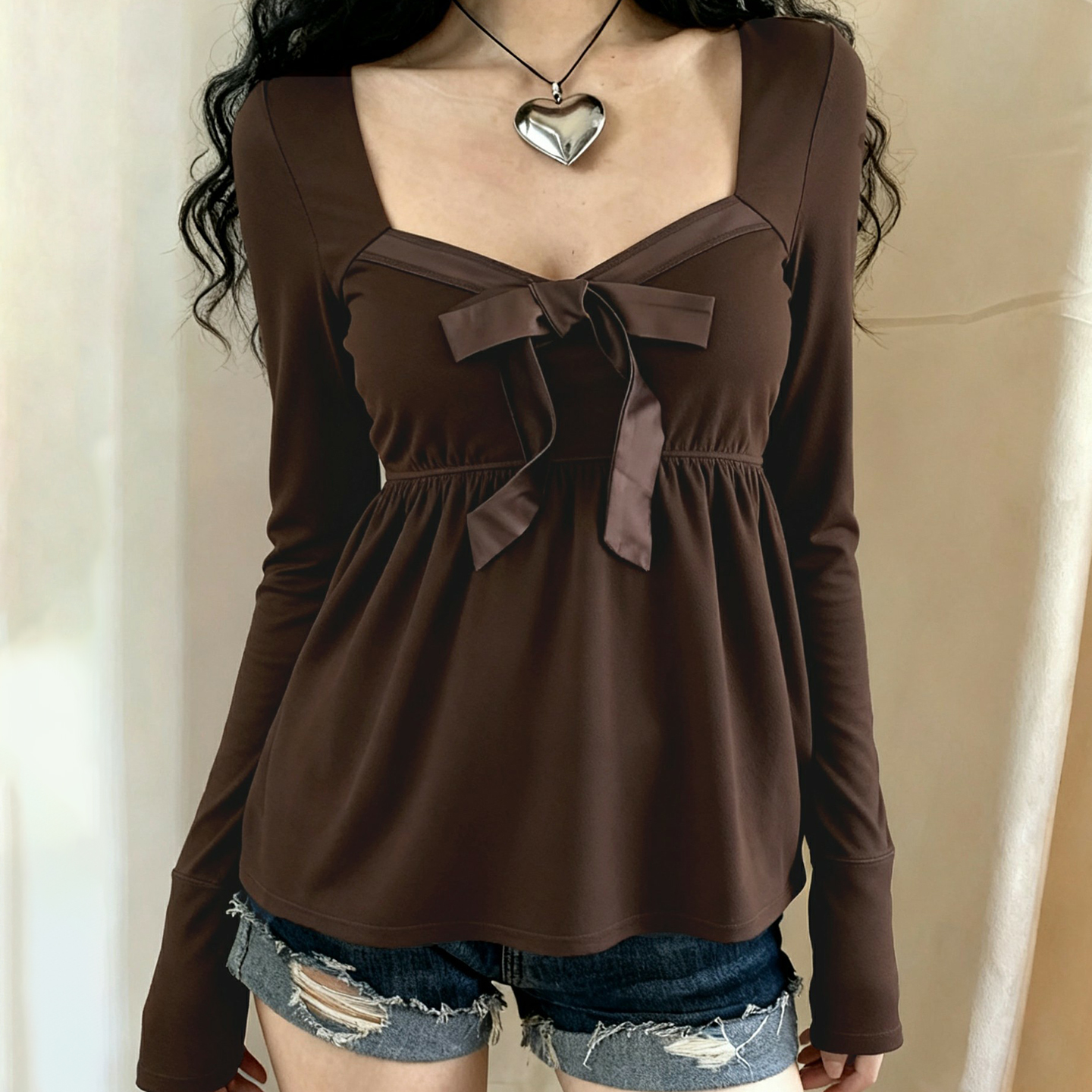 复古小众低胸方领缎面蝴蝶结T恤