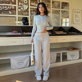 T恤 女纽扣修身 直筒长裤 DARLINGAGA基础百搭灰色针织休闲运动套装