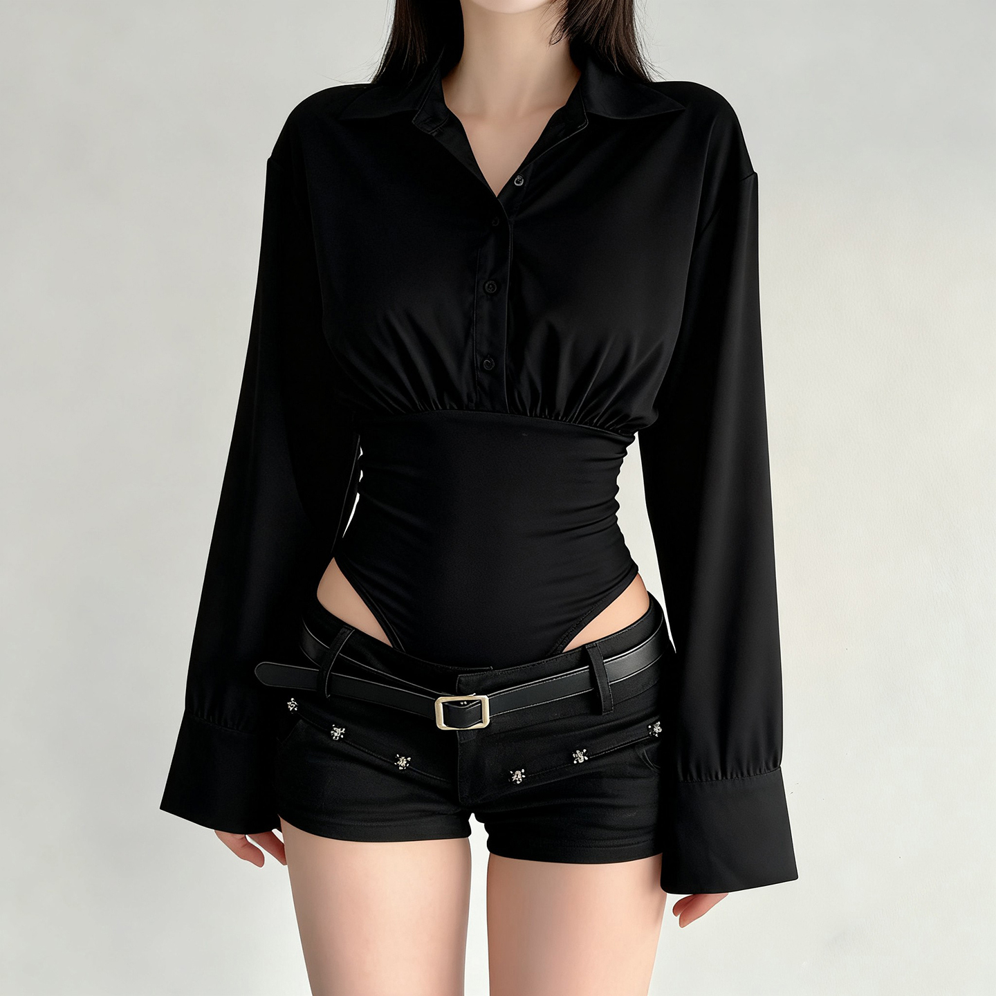 简约高级感翻领纽扣黑色缎面衬衫