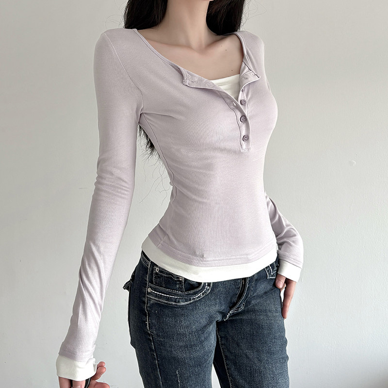 DARLINGAGA休闲风撞色假两件圆领纽扣T恤女修身百搭长袖针织上衣,女装/女士精品,T恤,淘宝优惠券,粉丝福利购,淘宝优惠卷