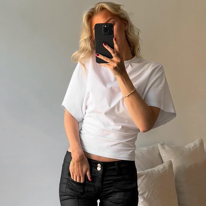 DARLINGAGA基础圆领宽松褶皱收腰短袖t恤女纯色百搭露脐休闲上衣