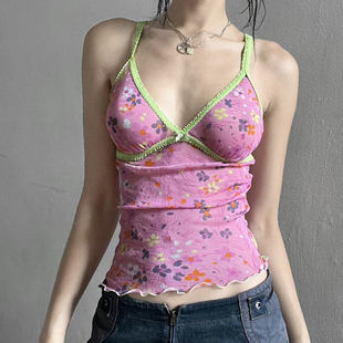 DARLINGAGA田园少女粉色碎花网纱吊带女撞色花边V领胸型修身 背心