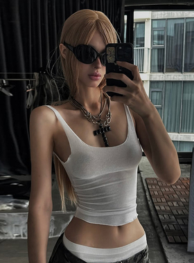 DARLINGAGA基础低胸圆领薄款透视针织吊带女纯色百搭叠穿外搭背心