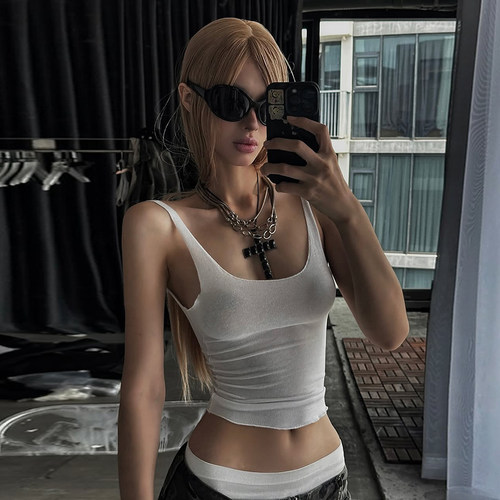 基础低胸圆领薄款透视针织吊带女