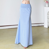 DARLINGAGA法式 田园风蓝白格纹鱼尾裙长裙女夏日度假少女感半身裙