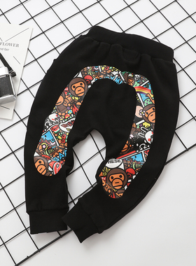 大M90-150男女童春秋纯棉毛圈长裤儿童哈伦短裤幼儿大屁屁印花潮