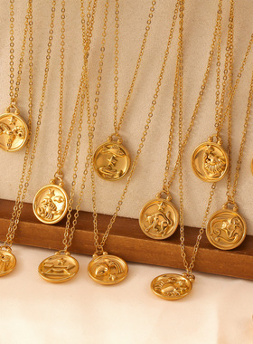 欧美小众百搭气质饰品浮雕星星十二星座设计感圆牌吊坠钛钢项链