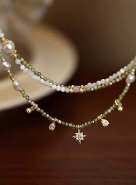 巴洛克异形淡水珍珠绿色锆石串珠项链轻奢小众锁骨链星星水滴颈链