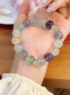 天然紫色萤石手链 渐变圆珠水晶手串彩虹色萤石散珠手链 厂家直销