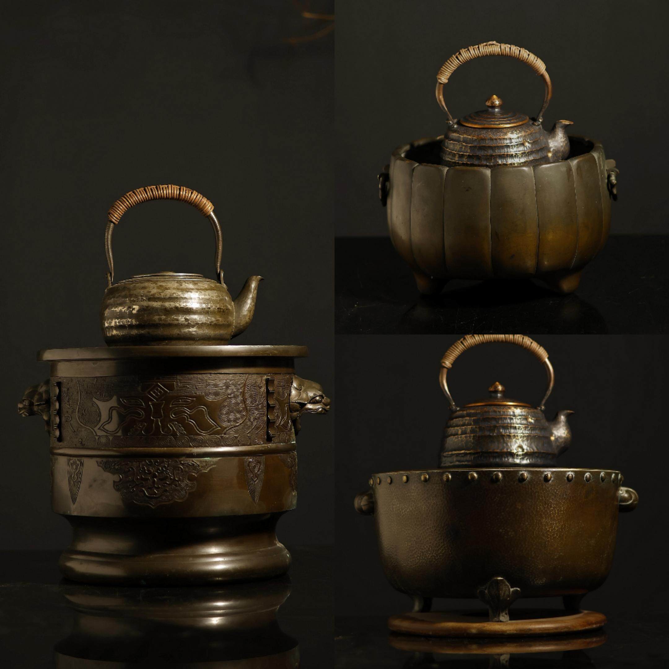 器而不舍 鼓钉纹/古铜大火钵 菊形 / 铸铜茶炉 双狮耳 / 古铜火钵