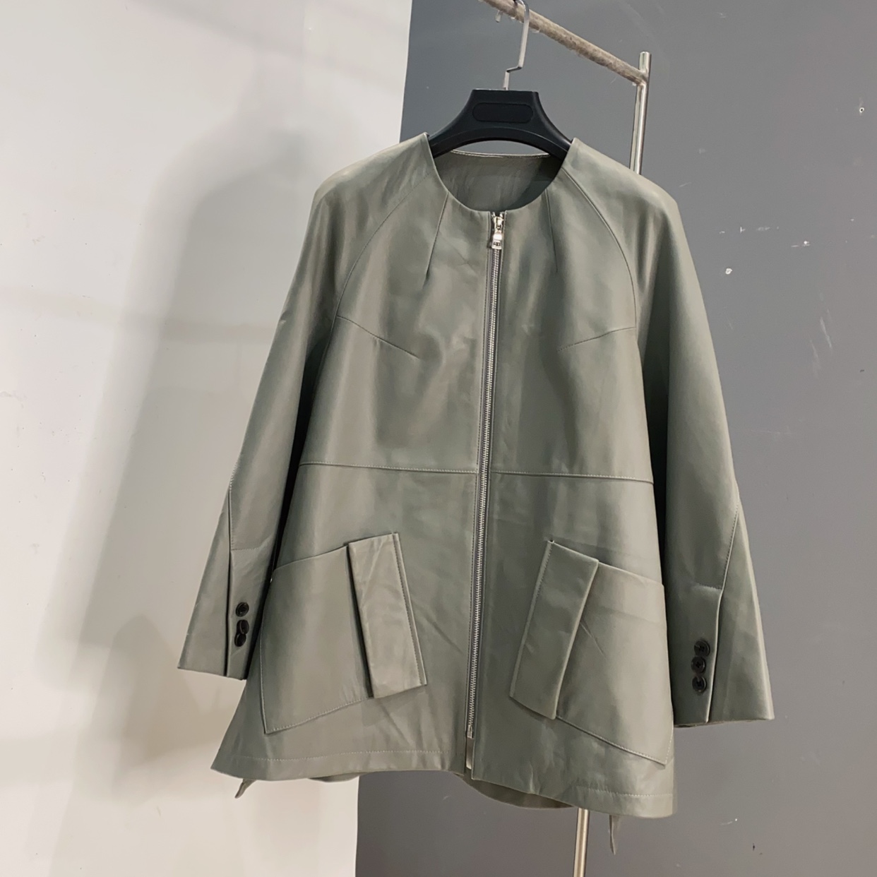 【不退换】真皮绵羊皮皮衣外套女绿色圆领中长款A紫版外套长69