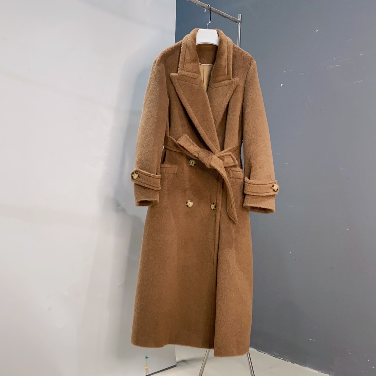 率性复古中长款款62苏丽羊驼38棉羊毛系带收腰毛呢大衣AN长118