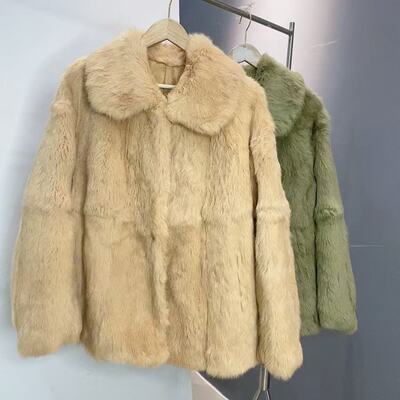 &不退换公主日记2025冬新进口整皮兔毛外套女中长款翻领休闲宽松