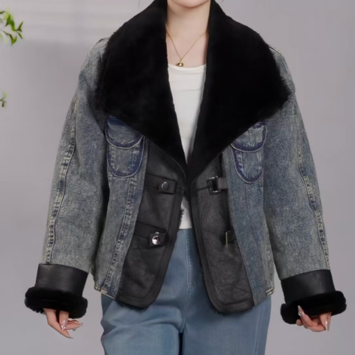 &不退换2025冬新羊皮毛一体牛仔白鹅绒羽绒服女两口袋短外套长56