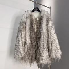 秋冬辣妹圆领孔雀编织毛环保皮草外套女中长款渐变流苏设计感长75