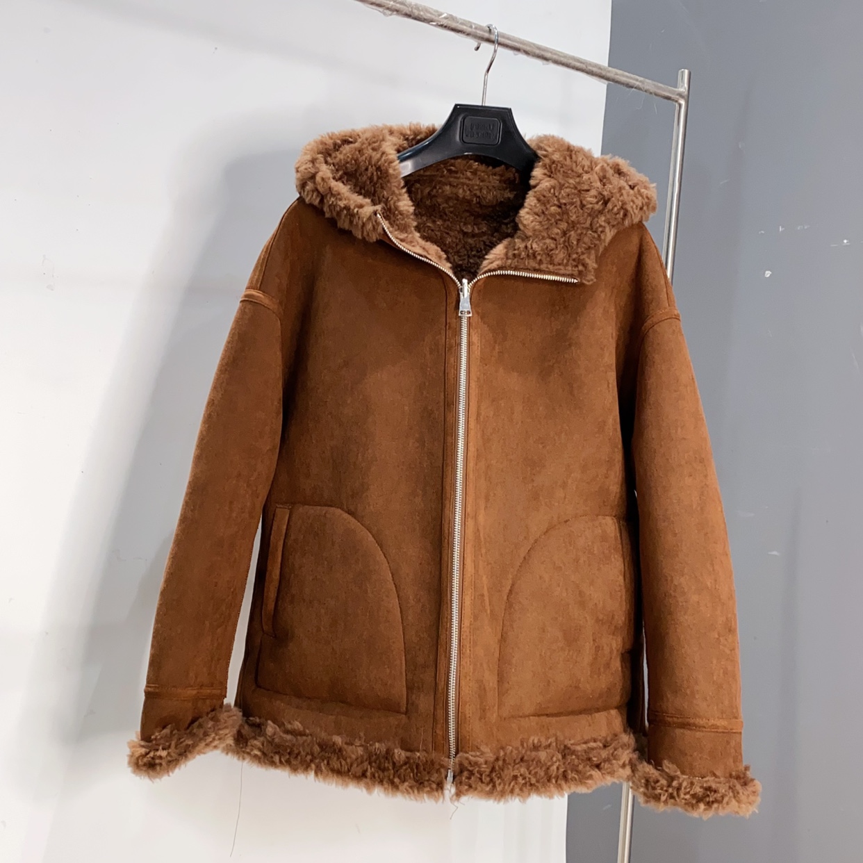 【极寒系列】 正反两穿撞色麂皮绒羊羔毛连帽侧插口袋外套ZYM长66