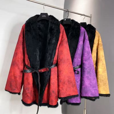 慵懒随性！睡袍领中长整皮兔毛女系带收腰两面穿皮草外套QSN长75