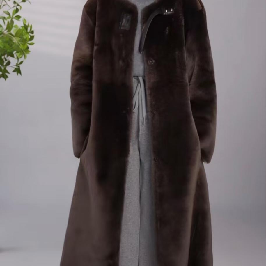 &不退换咖色圆领扣袢长款皮毛一体女2025加厚高级感洛曼2665长106