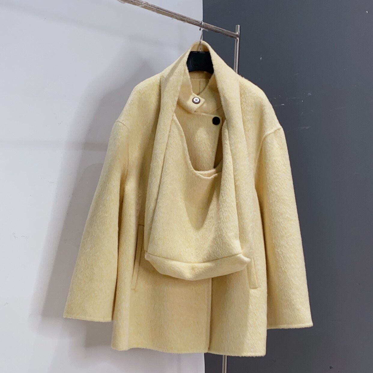 立领配包包中长款100澳洲超细羊毛可爱宽松减龄毛呢大衣FDD长73