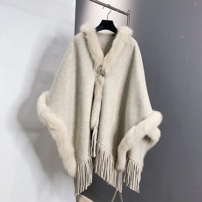 气质名媛慵懒风斗篷披肩双面100羊毛贵妇狐狸毛毛呢外套FDD长79