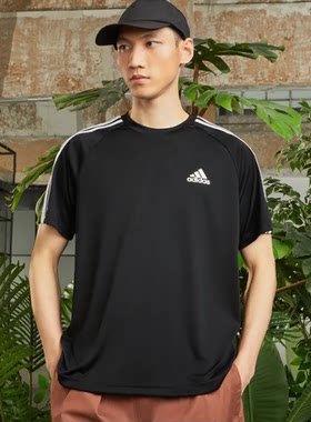 Adidas 男子夏季经典三条纹速干透气运动休闲短袖T恤 KU3918 3920