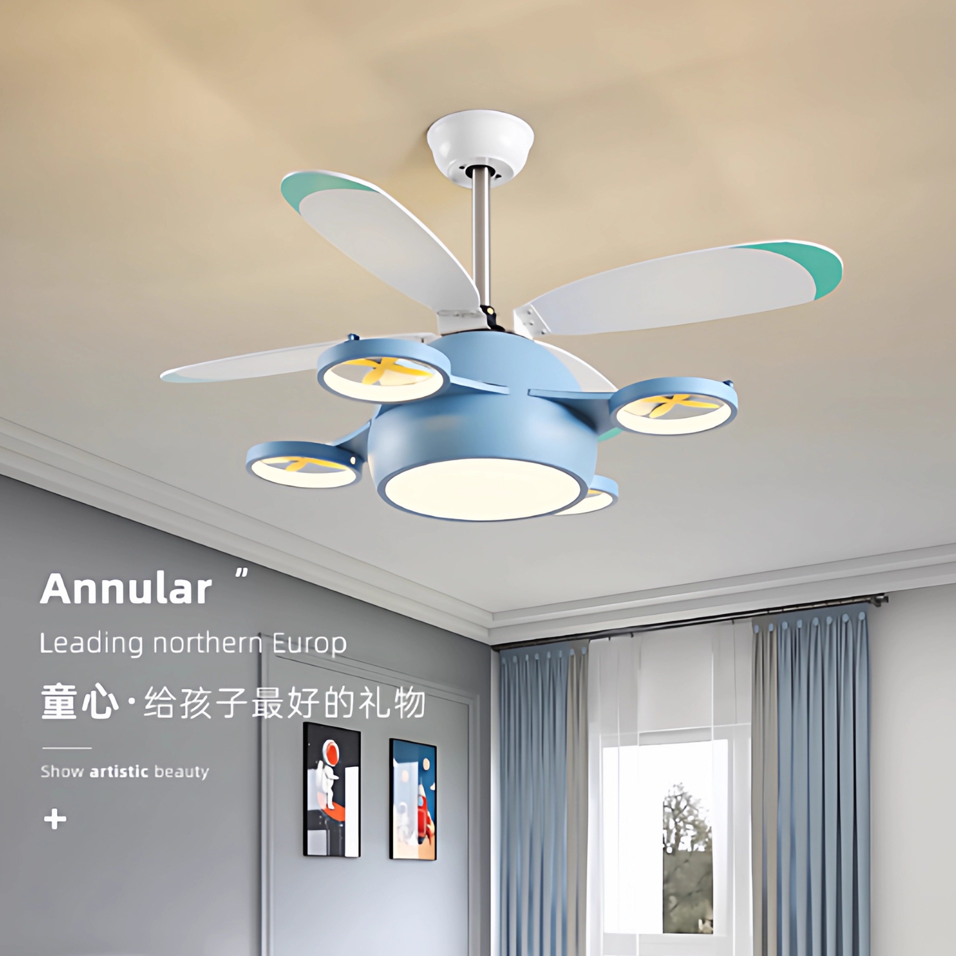北欧风扇灯儿童房飞机灯卡通创意男孩女孩静音飞机造型电扇吊灯