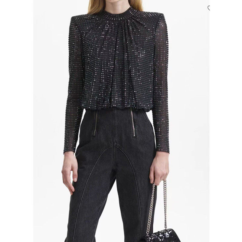 知性优雅风黑色亮钻系带衬衫女长袖高级感气质上衣短款晚礼服网纱