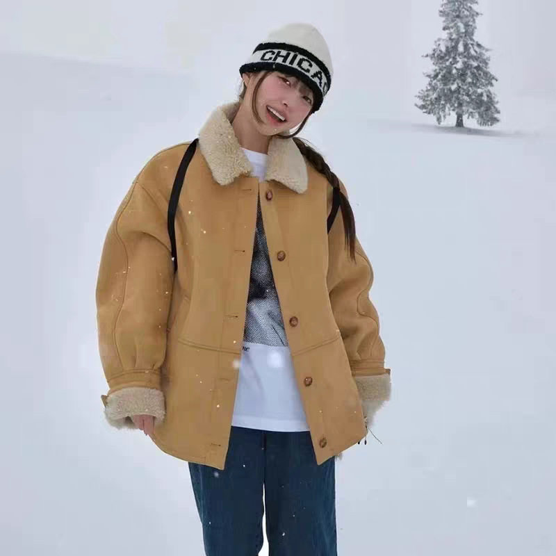 现货 2025冬季新款韩版纯色单排扣羊羔毛翻领皮毛一体外套/半身裙