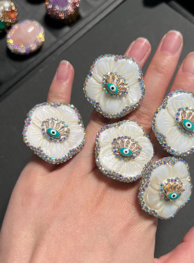 复古紫荆花贝壳微镶戒指彩色宝石女小众设计轻奢高级感开口指环