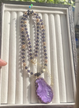 新中式锦鲤吊坠鲤鱼鲤鱼跃龙门上岸项链紫色琉璃压电水晶毛衣链