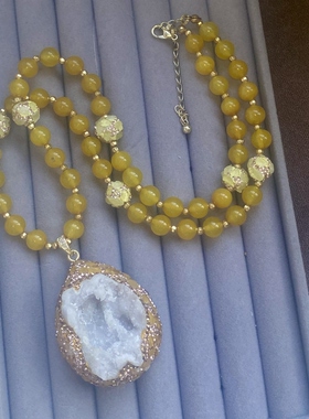 玛瑙晶洞黄水晶捷克钻手工镶嵌晶洞毛衣链聚宝盆造型吊坠项链