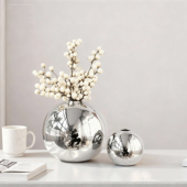 现代简约银色球形花瓶金属装 饰摆件家居创意花器