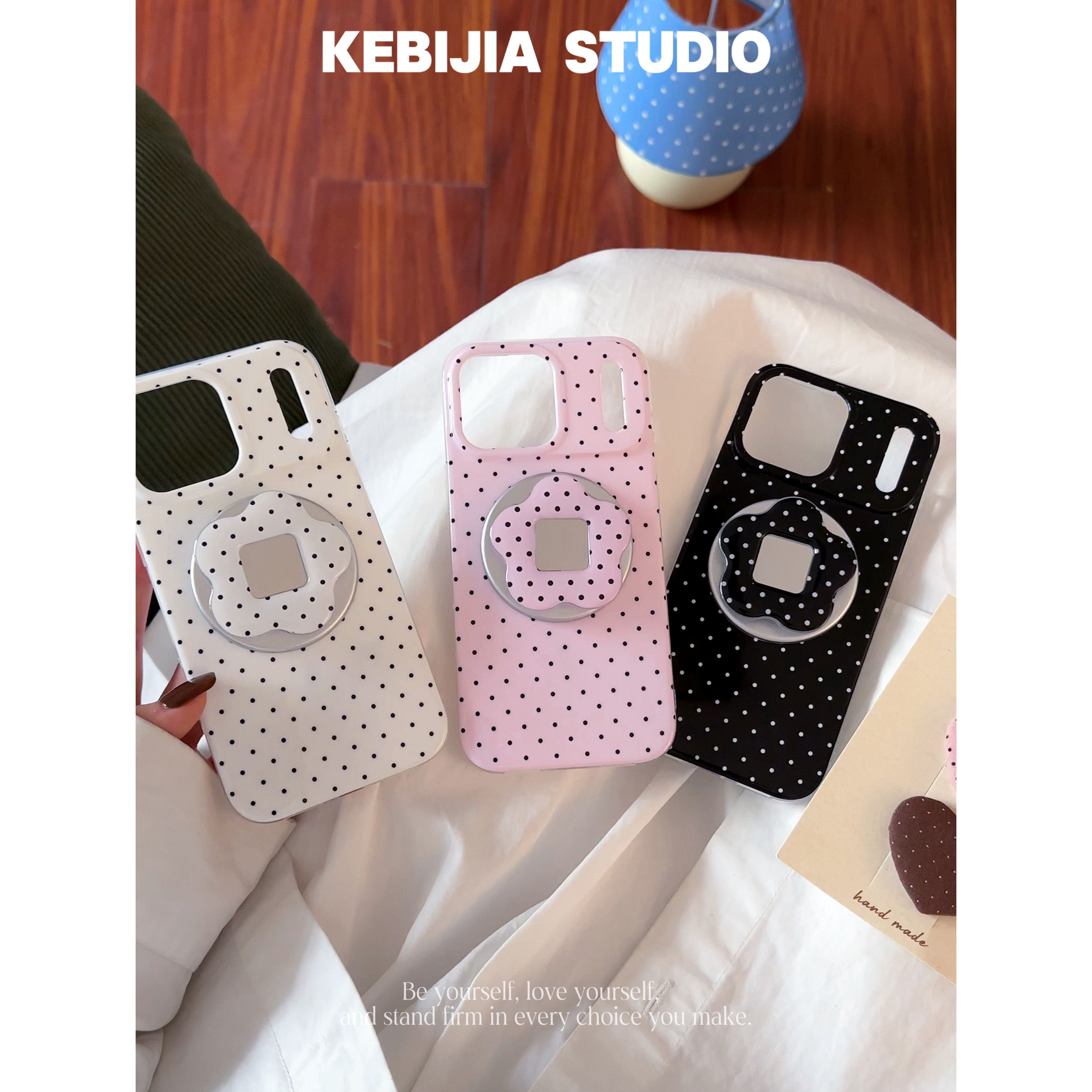 ins韩系简约波点花朵镜子磁吸支架15适用苹果17promax/16手机壳14