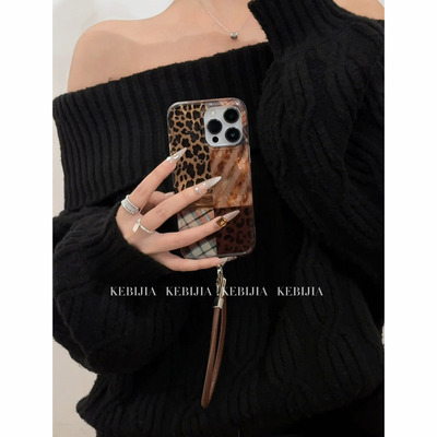 ins秋冬复古拼接豹纹高级防摔适用于苹果17promax16/15/14手机壳
