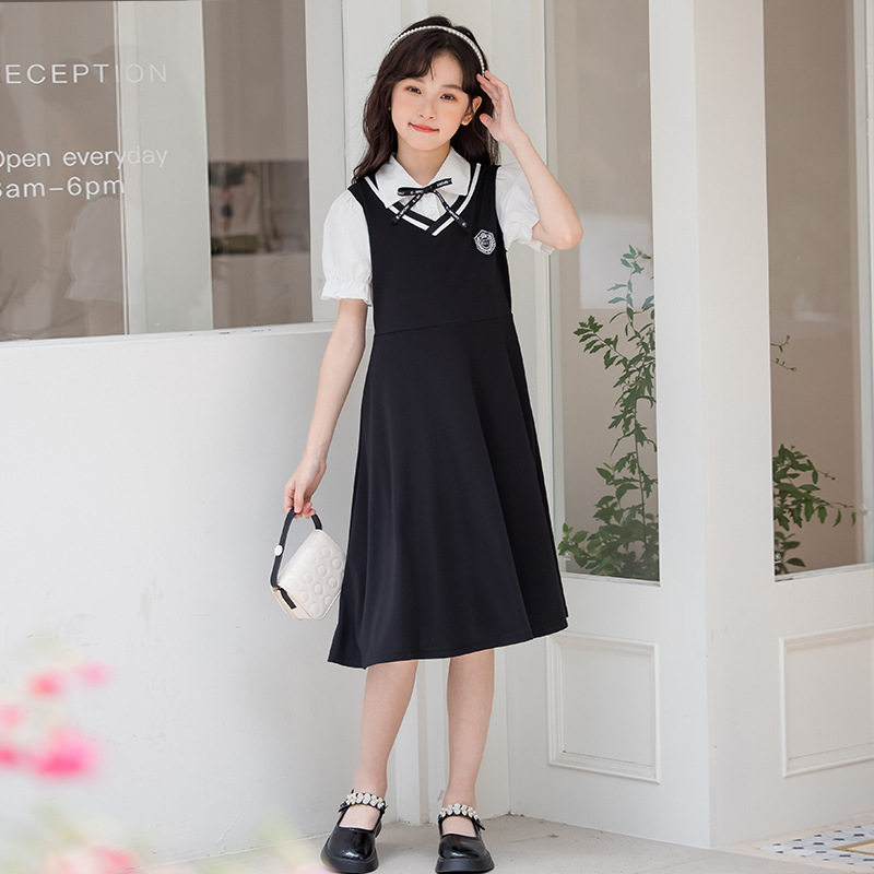 童裙儿童衬衫领连衣裙假两件套小学生服装2025夏装女童学院风裙子