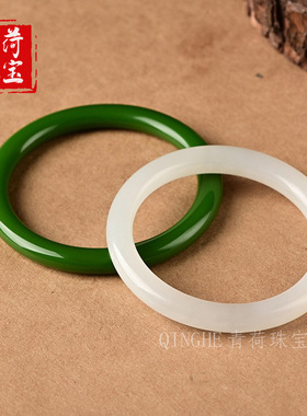 外蒙料碧玉手镯细条少女款菠菜绿色昆仑羊脂白玉圆条玉石玉镯子