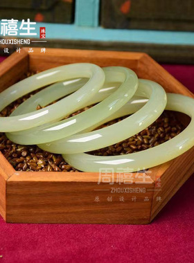 天然阿富汗玉石手镯古青料玉湖水绿色复古圆条玉石镯子