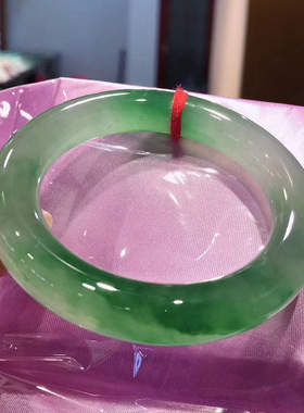 天然缅甸老坑货翡翠手镯女冰糯种圆条飘花浅阳绿色翡翠玉手