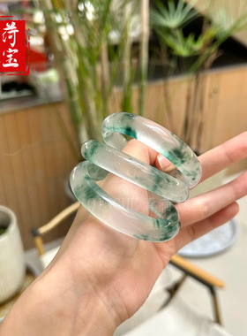 天然冰种飘花翡翠色手镯女款正圈扁条高冰透水沫玉独龙玉镯子礼物