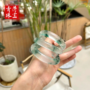 天然冰种飘花翡翠色手镯女款正圈扁条高冰透水沫玉独龙玉镯子礼物