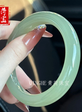 天然东陵玉手镯女款浅晴水绿色油青玉镯扁条玉石平安镯和田玉