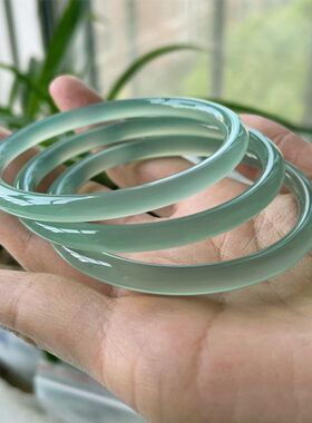 油青绿翡色翠玉细圆条美人镯玉髓手镯女款满釉青绿冰透玛瑙镯子饰