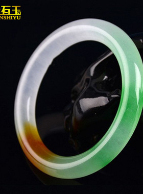 冰种三彩福禄寿翡翠玉手镯女款石英岩玉圆条三色玉镯翠绿色玉镯子