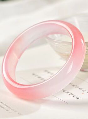 冰种石英岩玉藕粉手镯 女款金丝玉浅粉中宽玉石镯子货源