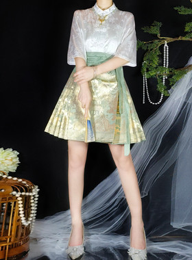 H2V汉服马面裙超短裙半身裙大码新品绿色粉色日常通勤改良款夏季