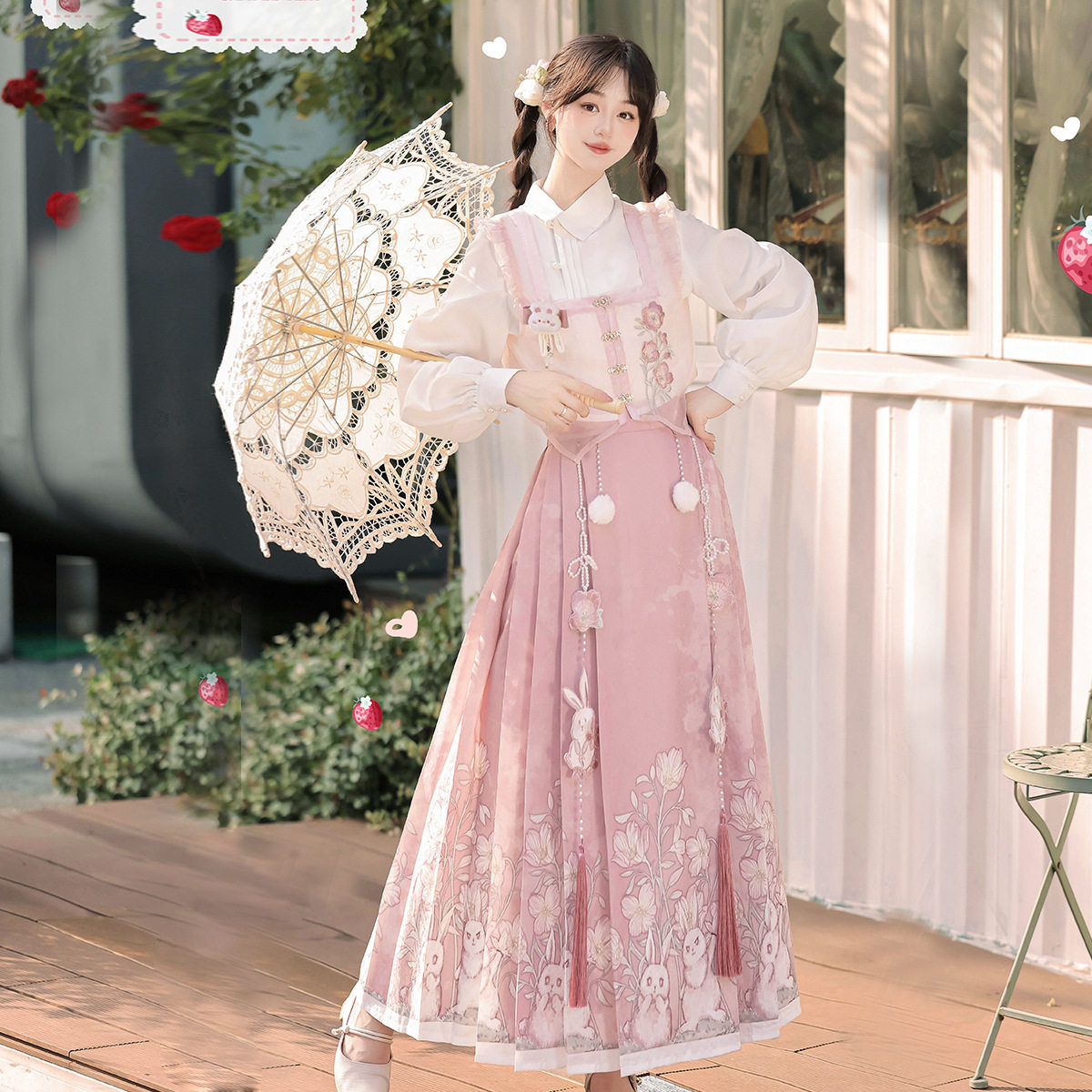 倚梦阁原创月见兔兔汉服女国风新中式马甲衬衣半裙套装9348,女装/女士精品,汉服套装,淘宝优惠券,粉丝福利购,淘宝优惠卷