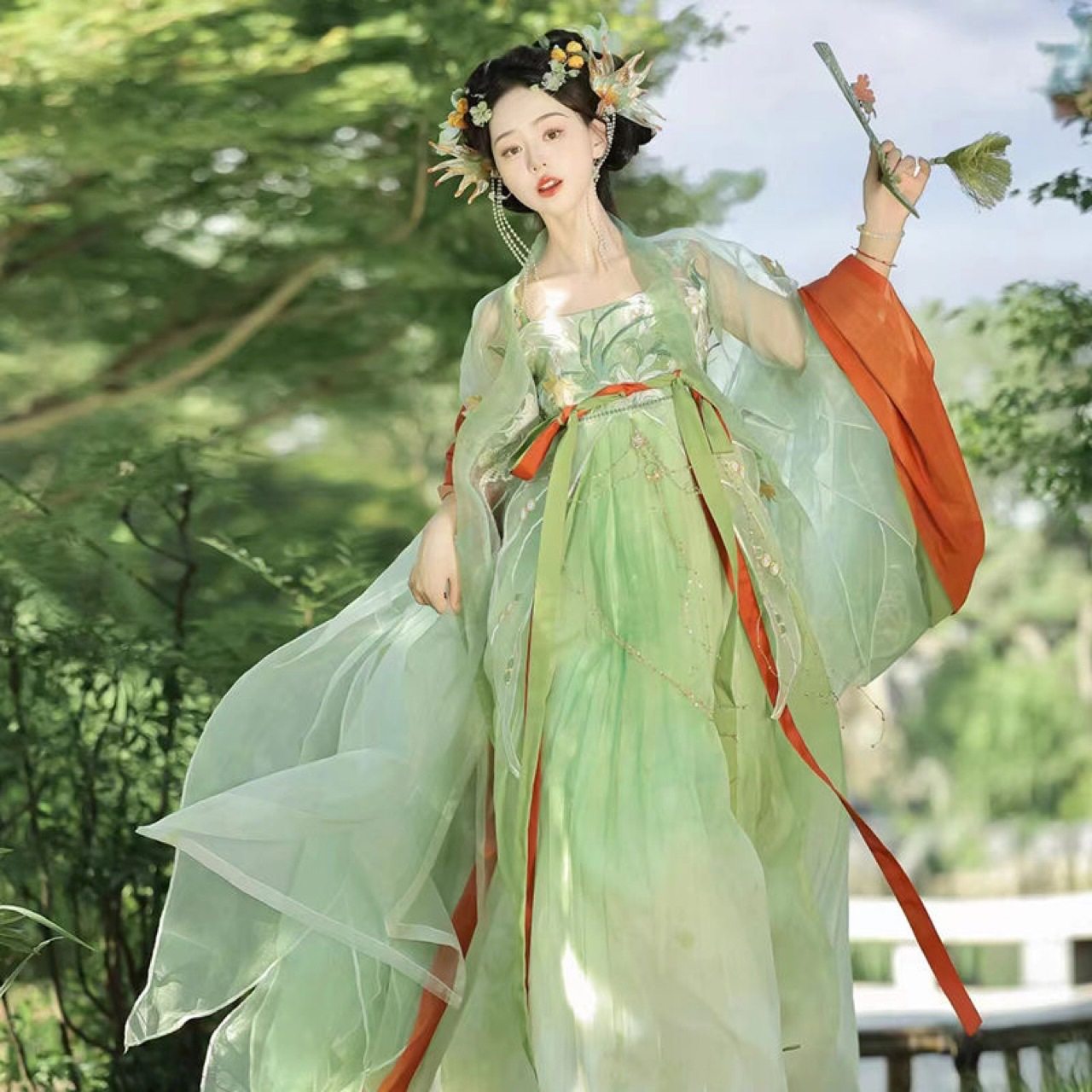 新品成人汉服清川绿意重工刺绣古风破烂大袖衫超仙春秋摄影款