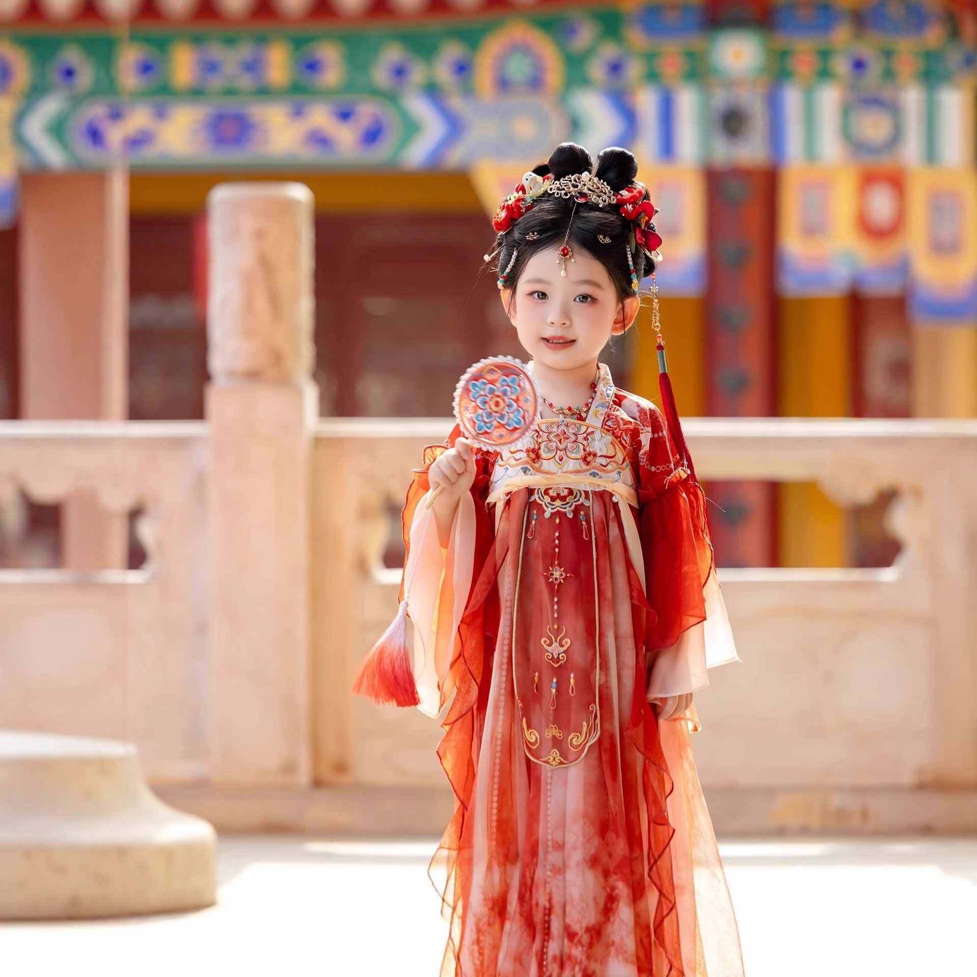 红色汉服女童中国风公主裙襦裙连衣裙儿童亲子中秋唐装童款宫廷风